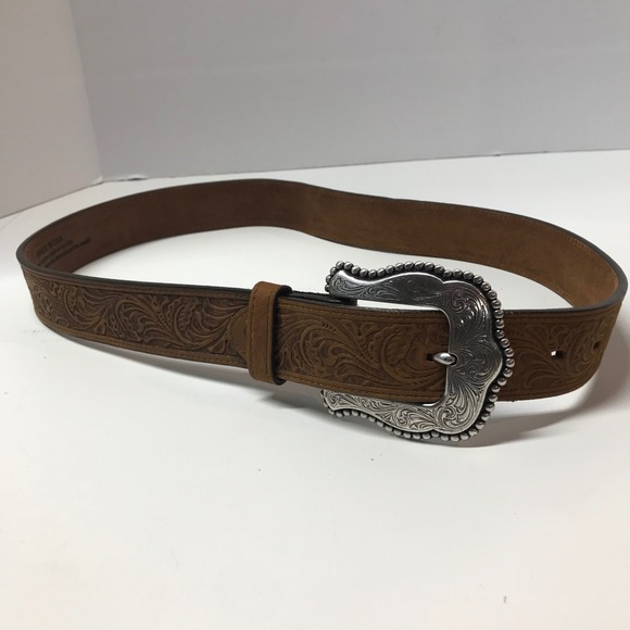 Tony Lama Mens Brown Floral Embossed Top Grain Leather Western Belt 34 C50739 - Picture 2 of 7